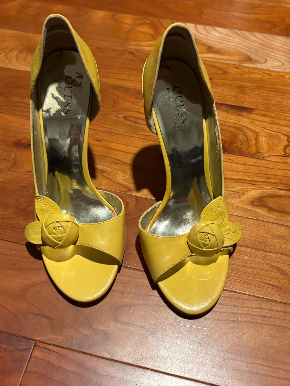 Guess by Marciano Yellow Open-Toe Heels with Floral Rosette